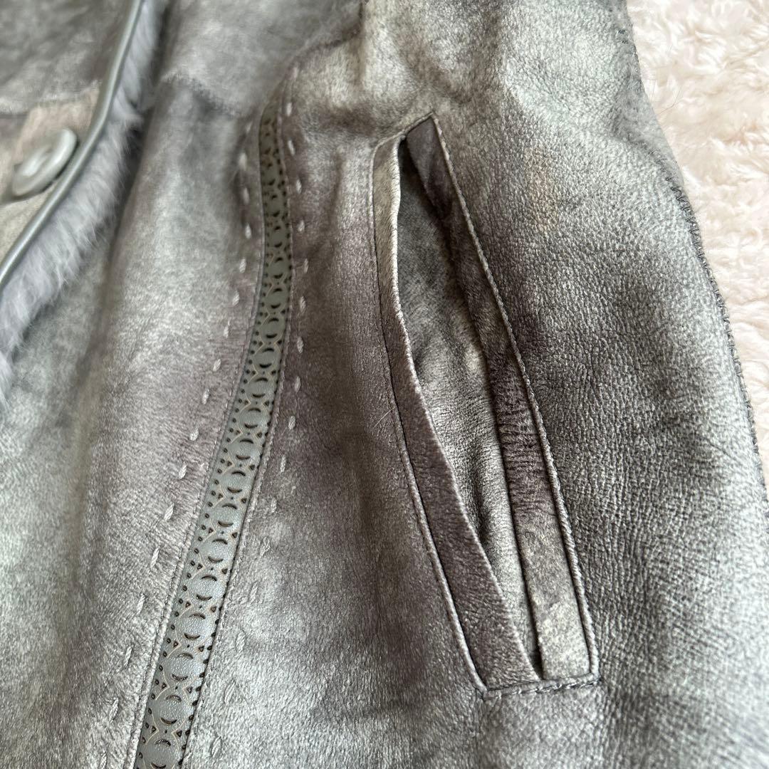 サンローズ　ラビットムートン×ブルーフォックスロングファーコート　毛皮L