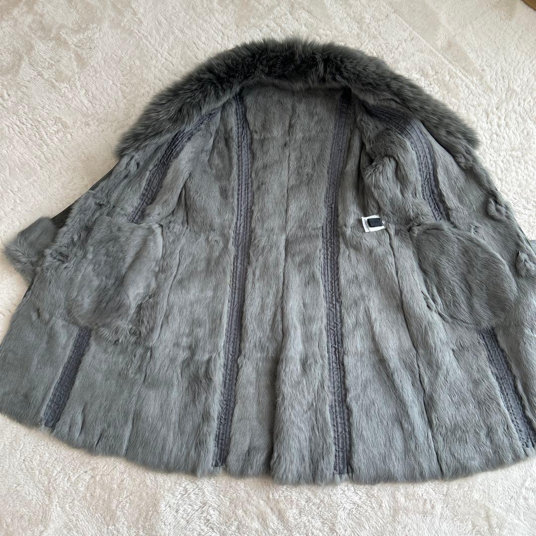 サンローズ　ラビットムートン×ブルーフォックスロングファーコート　毛皮L