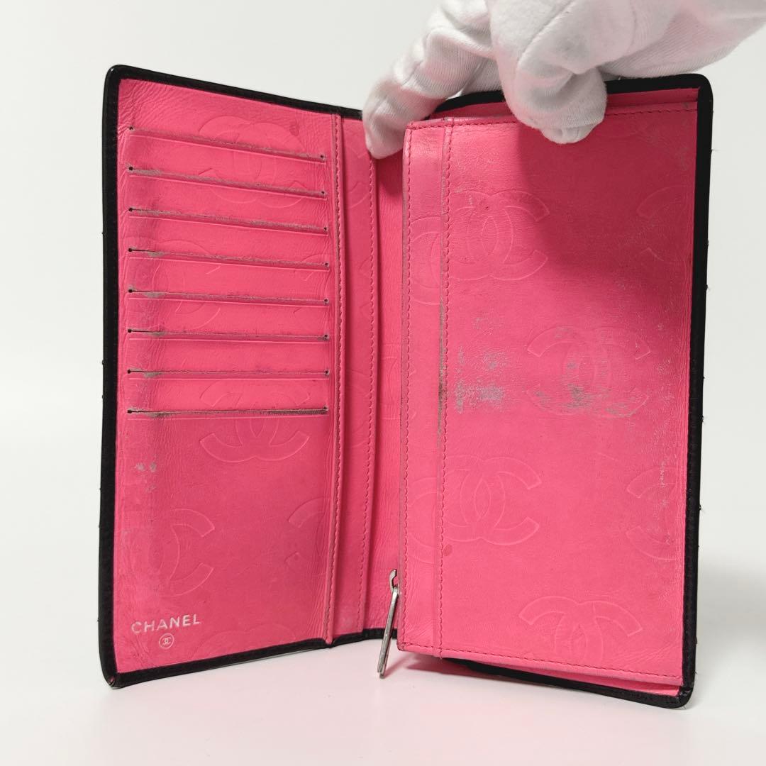 【人気商品】シャネル カンボンライン ココマーク 黒×ピンク 2つ折 長財布