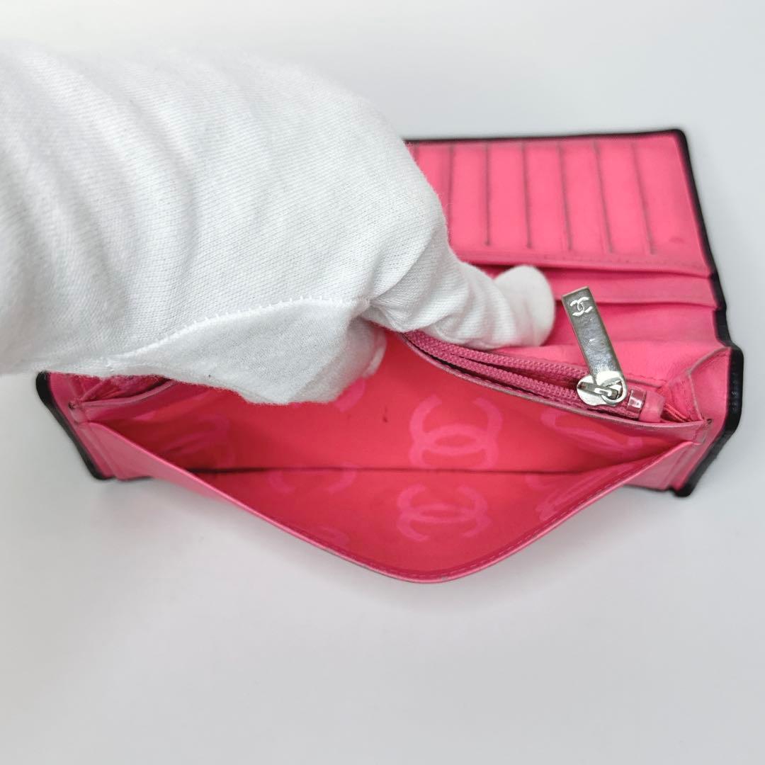 【人気商品】シャネル カンボンライン ココマーク 黒×ピンク 2つ折 長財布