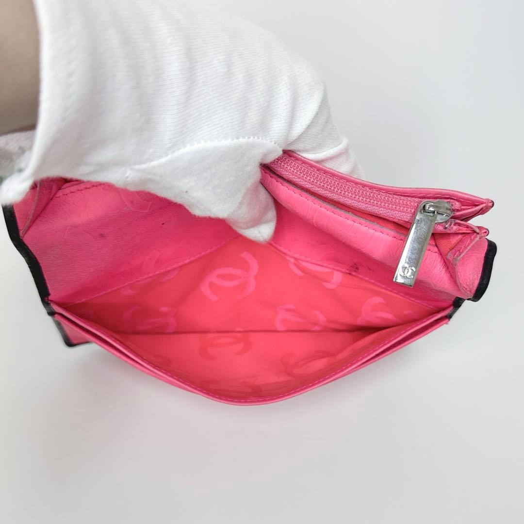 【人気商品】シャネル カンボンライン ココマーク 黒×ピンク 2つ折 長財布