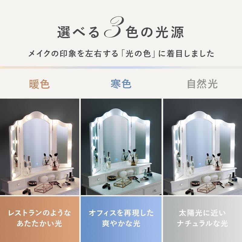 【新品】LED女優ライト　ドレッサー＆スツール　三面鏡　明るさ無段階調節