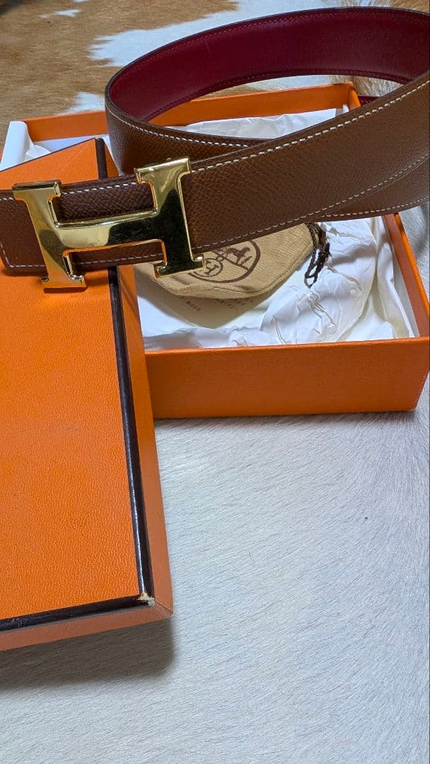 エルメス　コンスタンス　Hベルト　茶×赤