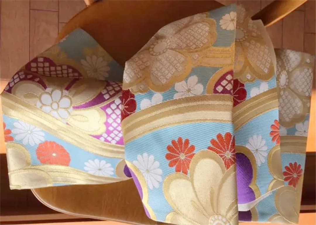 成人式に　正絹 振袖用袋帯　ブルー　水流に花文　丸勇