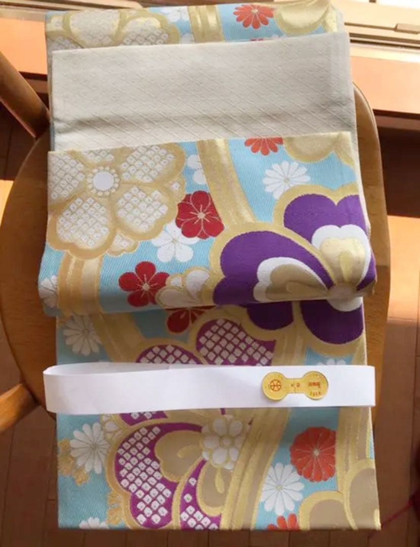 成人式に　正絹 振袖用袋帯　ブルー　水流に花文　丸勇