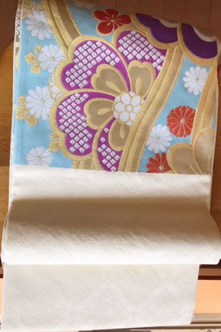 成人式に　正絹 振袖用袋帯　ブルー　水流に花文　丸勇