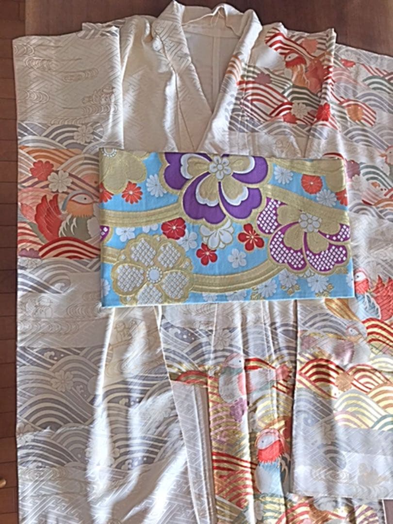 成人式に　正絹 振袖用袋帯　ブルー　水流に花文　丸勇