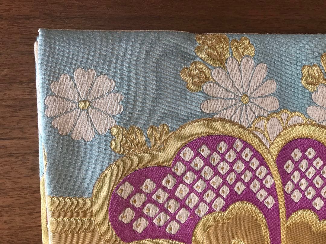 成人式に　正絹 振袖用袋帯　ブルー　水流に花文　丸勇