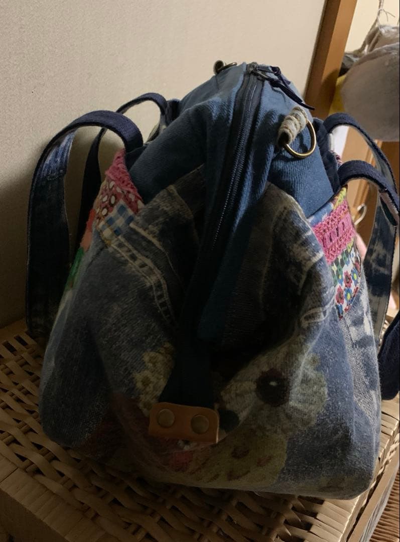 1938【もも】ワイヤー口金ボストンバッグ(L)、デニムリメイク