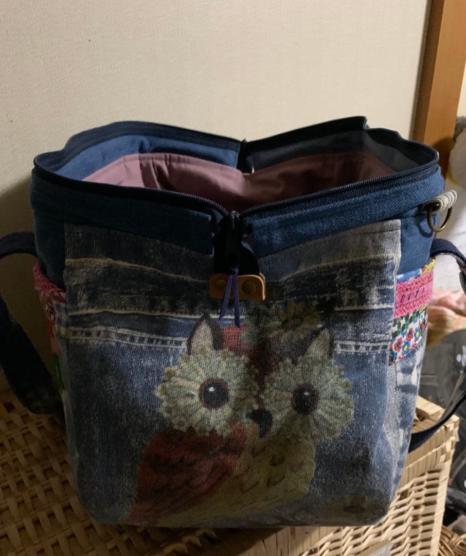 1938【もも】ワイヤー口金ボストンバッグ(L)、デニムリメイク