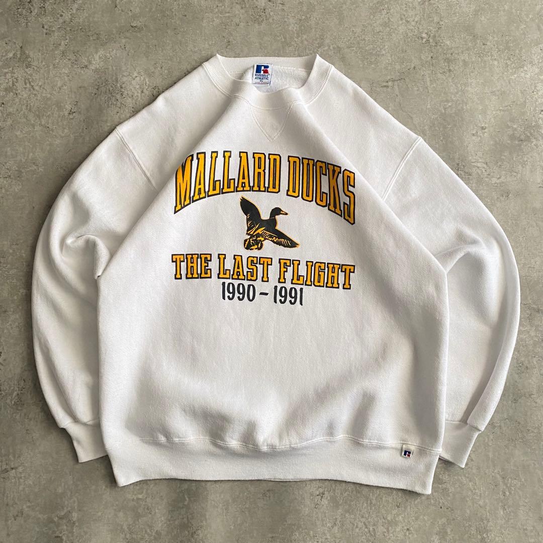 レアカラー好デザイン90sラッセル4段プリントUSA製スウェット白XL