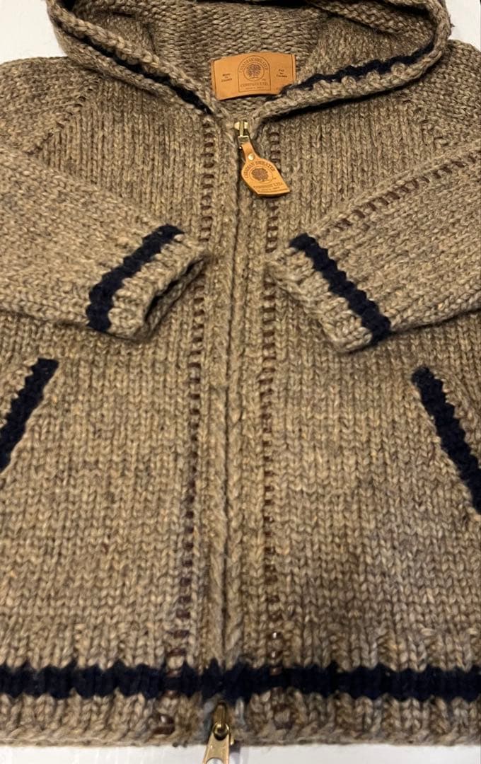 カナディアンセーター カウチン トナカイ柄 フーディ ニット 茶 ダブルジップ