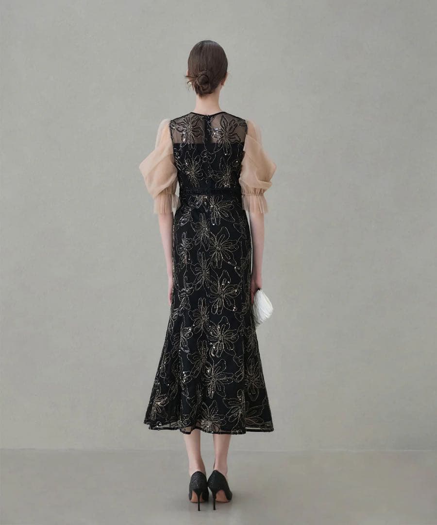 Leja スパンコールフラワーリボンチュールワンピースドレス