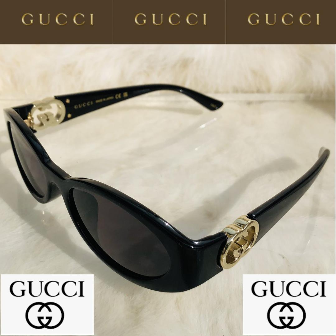GUCCI ブラック オーバルサングラス GG柄 ゴールド 男女兼用　早い者勝ち