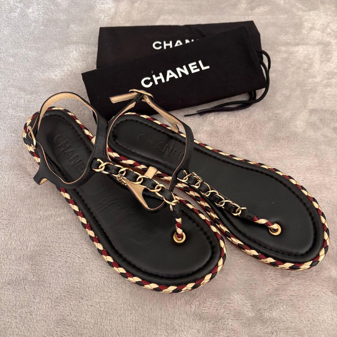 CHANEL ココマーク チェーン編み込みトングサンダル 38