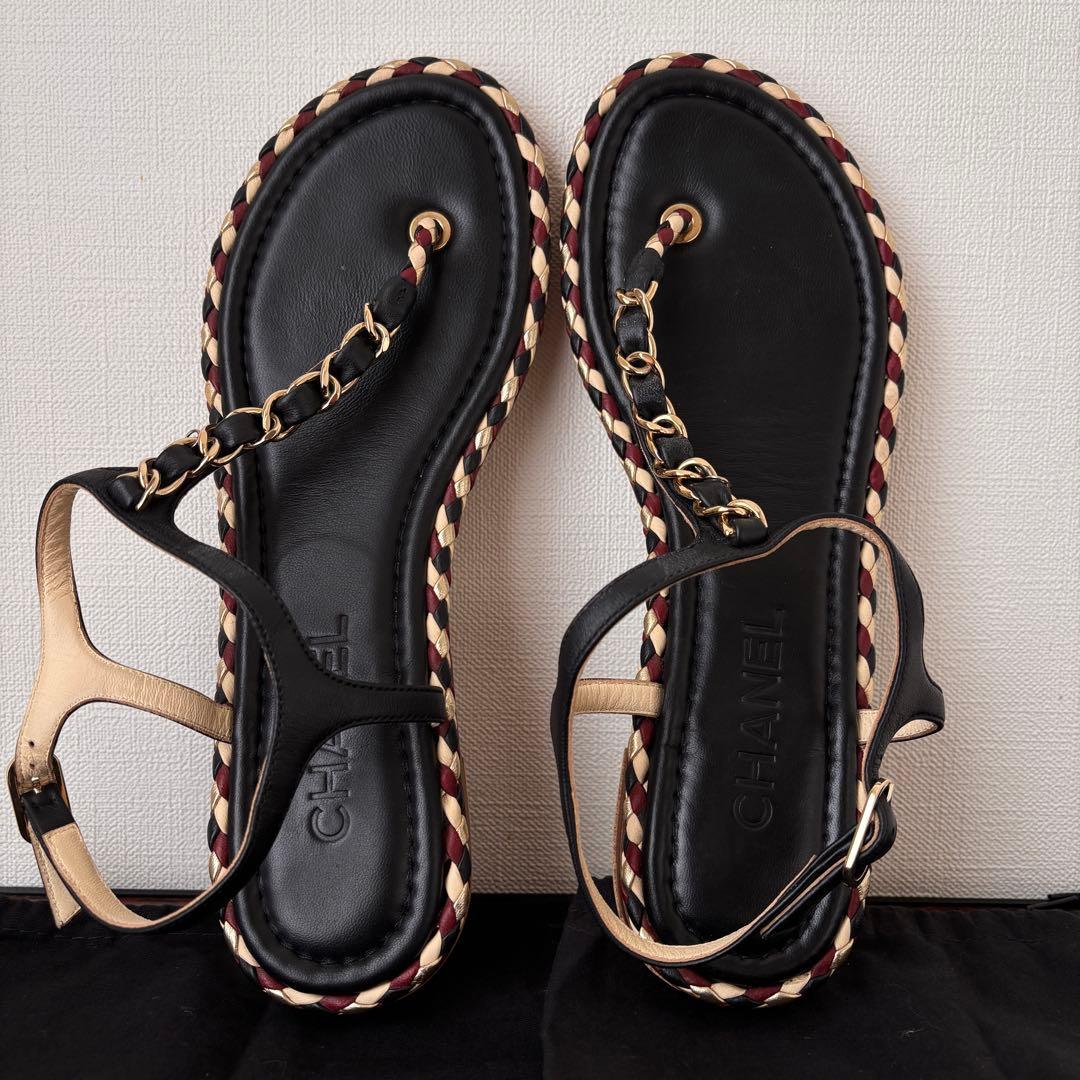 CHANEL ココマーク チェーン編み込みトングサンダル 38