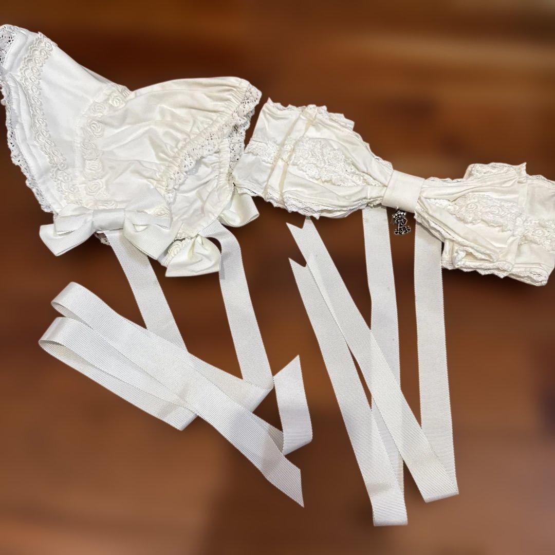 Dolly Ribbonヘッドドレス & 薔薇レースのハーフボンネット　オフ白