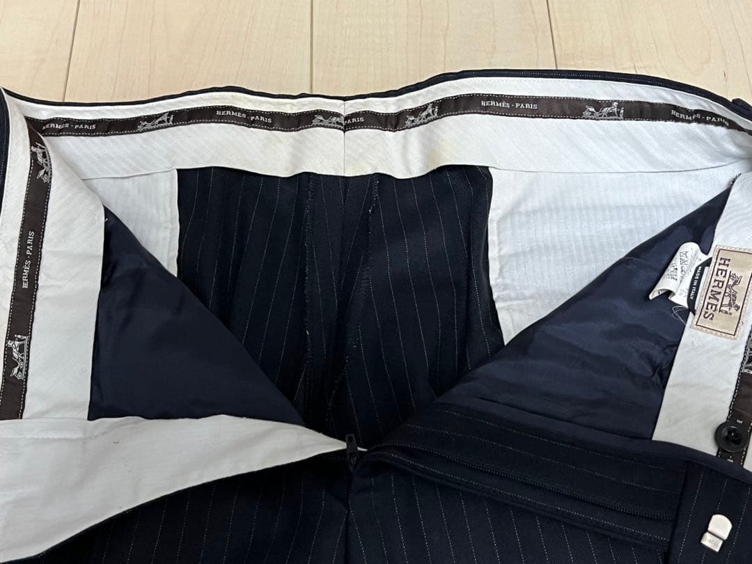 HERMES☆ストレッチウールストライプパンツネイビー52used美品