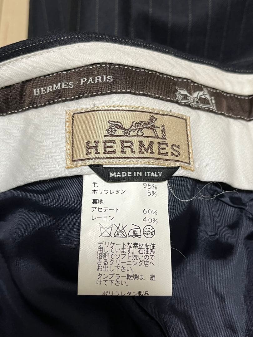 HERMES☆ストレッチウールストライプパンツネイビー52used美品