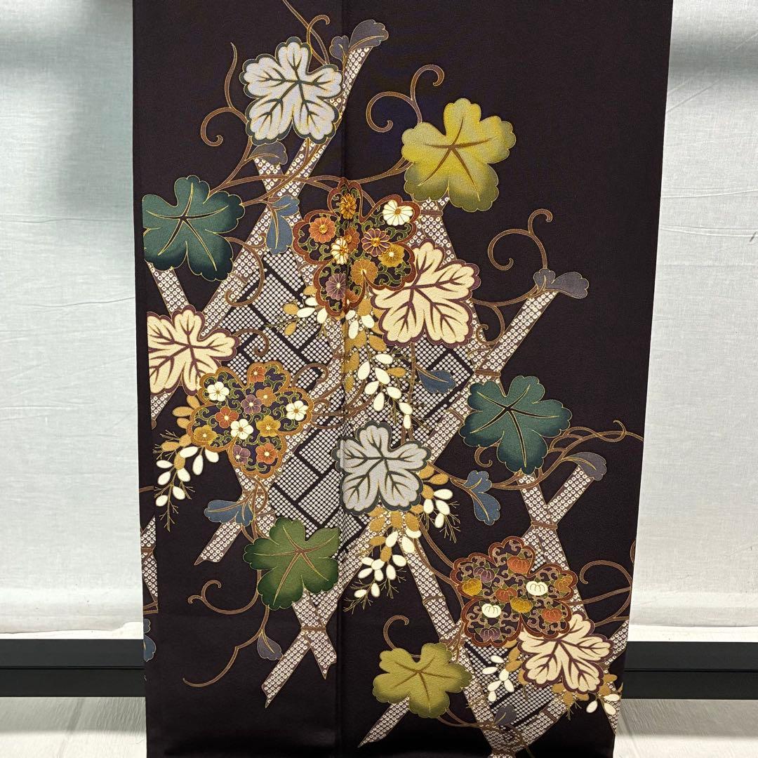 D85 訪問着 蔦の葉 菊 金駒刺繍 縫い紋 正絹 着物 袷 極美品