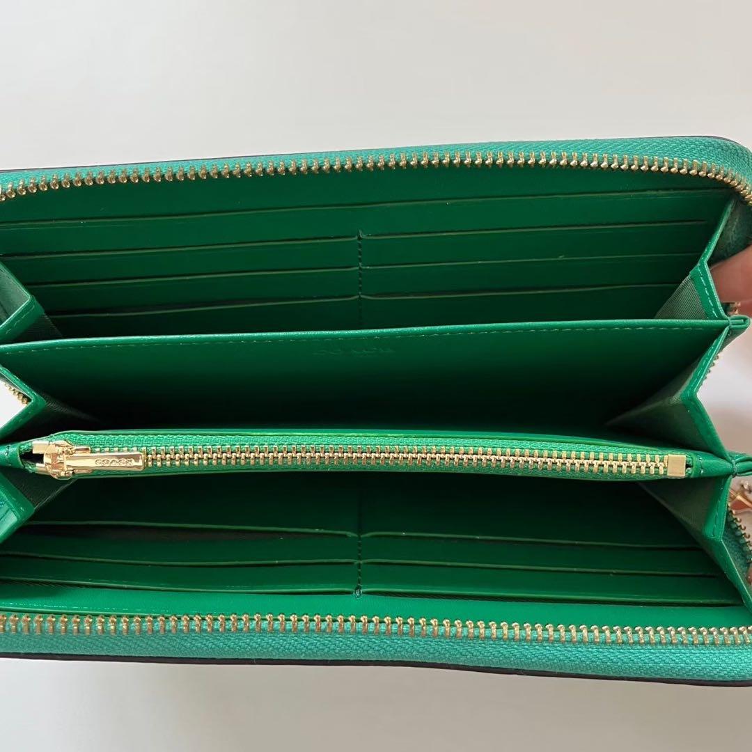 COACH コーチ レザー ラウンド 長財布 ストラップつき グリーン