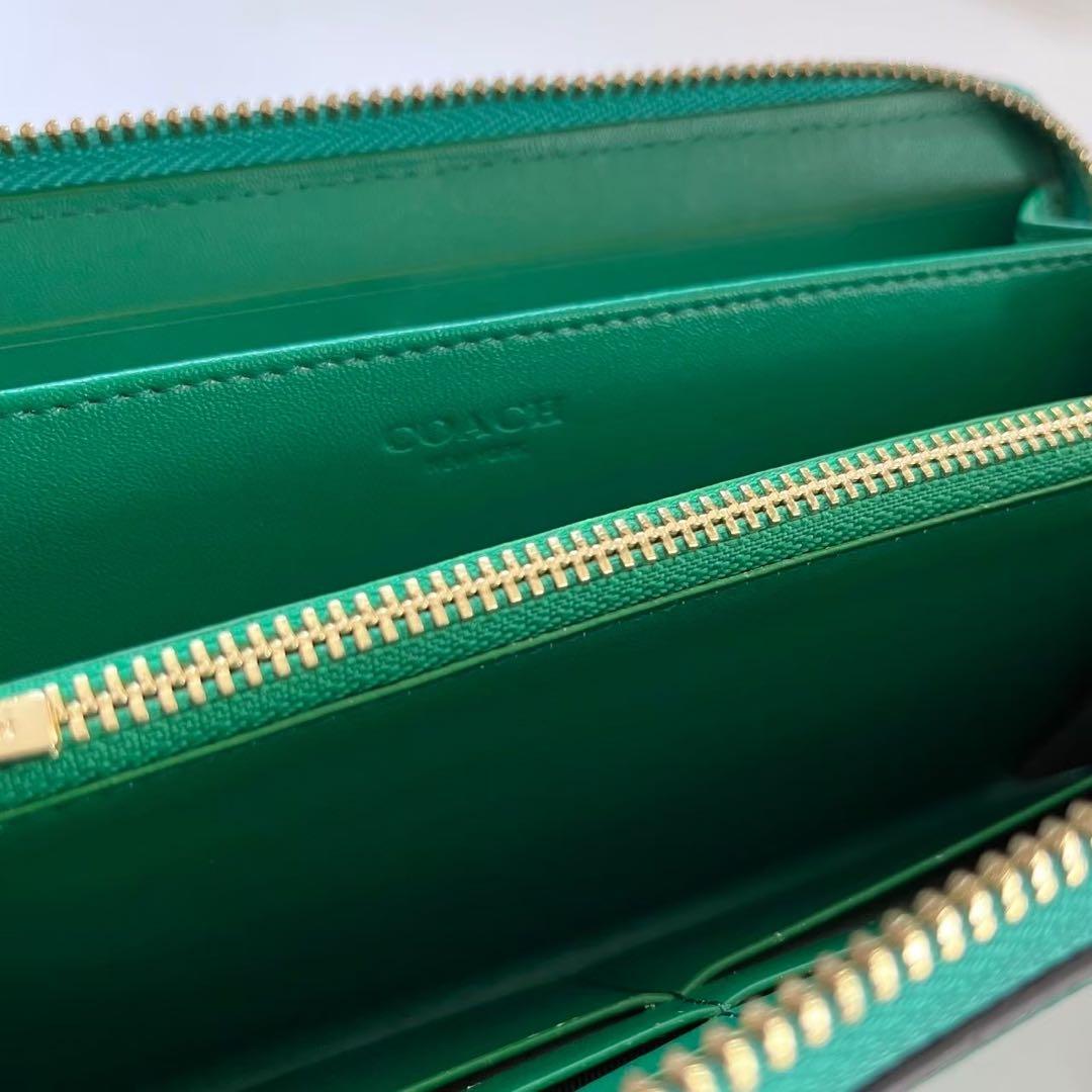 COACH コーチ レザー ラウンド 長財布 ストラップつき グリーン