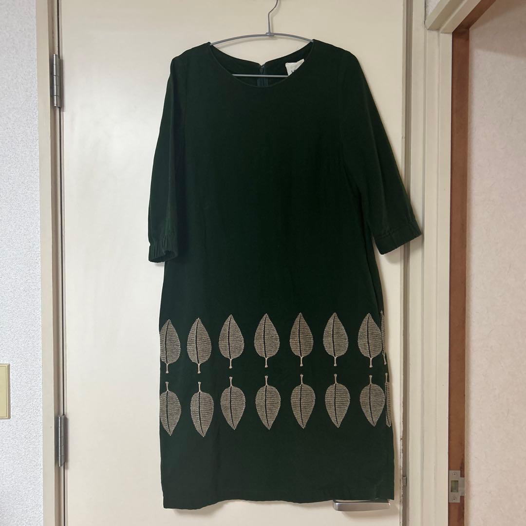 ミナペルホネン　happa ダークグリーン 七分袖 ひざ丈ワンピース　38