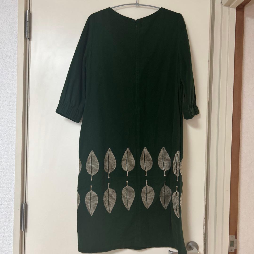 ミナペルホネン　happa ダークグリーン 七分袖 ひざ丈ワンピース　38