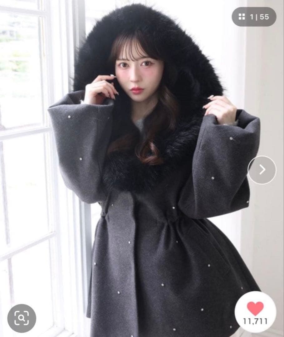 ワンアフターアナザーナイスクラップ　グレー　ビジュー付きミドルコート