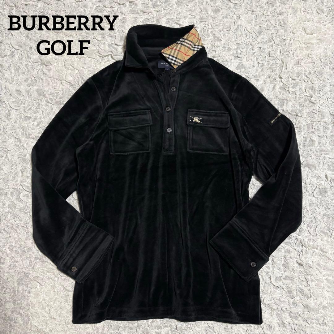 新品　バーバリー　ベロア 長袖ポロシャツ　ロゴ刺繍　ノバチェック　洗える　黒　L