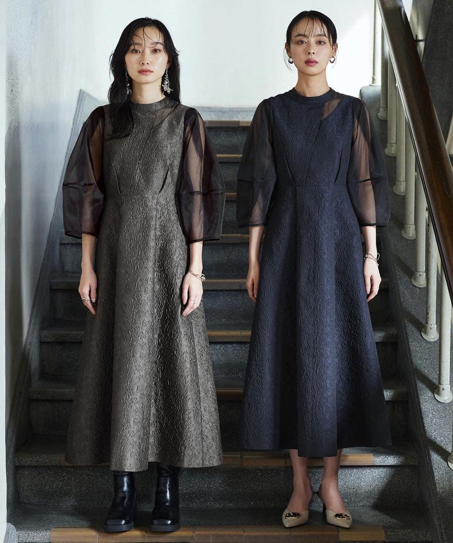 RUIRUE BOUTIQUE シアーランタンスリーブふくれジャガードドレス