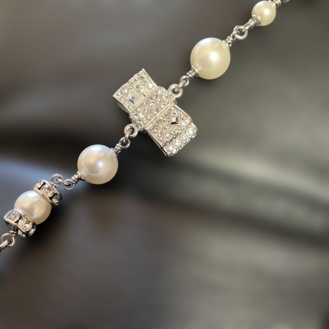 Chanel ロングネックレス パール シルバー