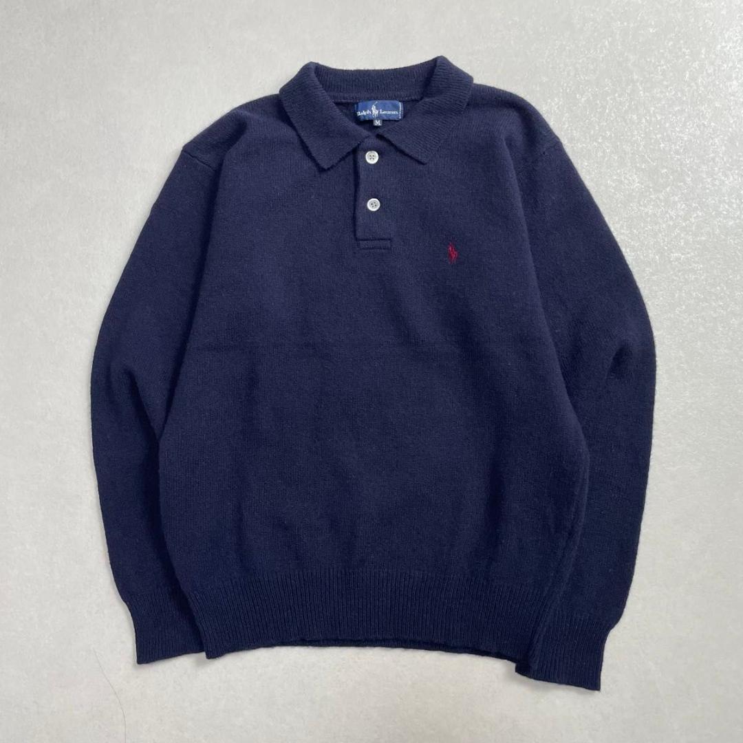 ラルフローレン　刺繍　ワンポイント　ポニー　襟付き　ニット　古着　ネイビー