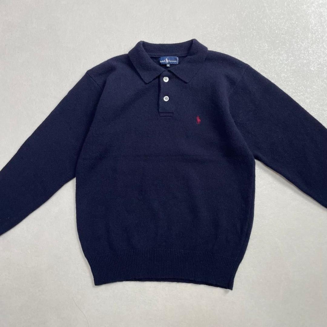 ラルフローレン　刺繍　ワンポイント　ポニー　襟付き　ニット　古着　ネイビー