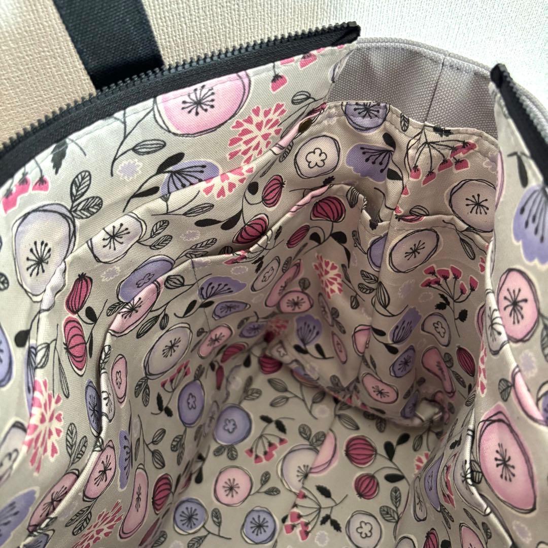 【えり】ダブルフリル巾着ショルダーバッグ　帆布　ココア×エレガントフラワー