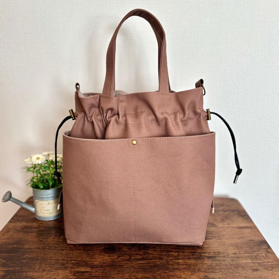 【えり】ダブルフリル巾着ショルダーバッグ　帆布　ココア×エレガントフラワー