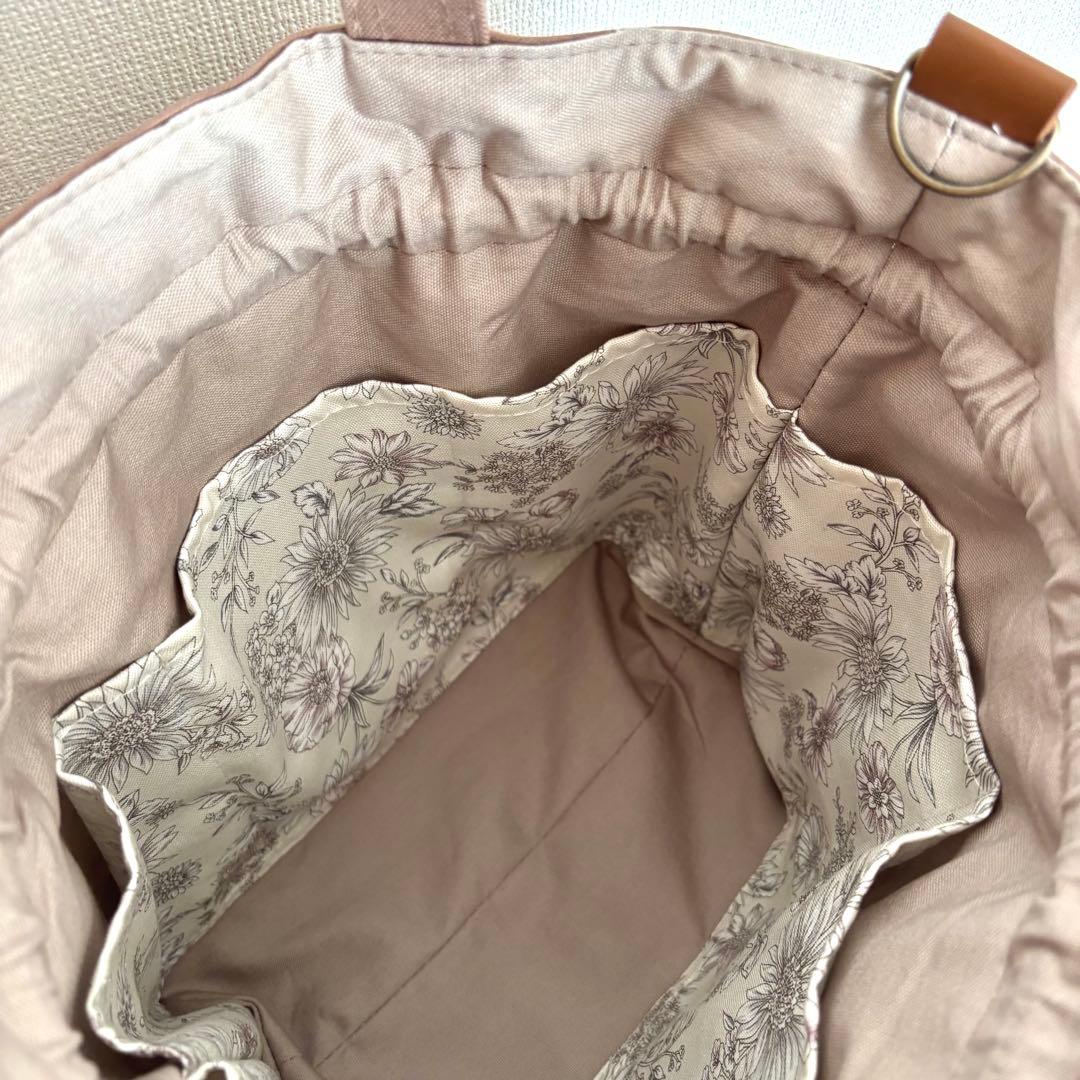 【えり】ダブルフリル巾着ショルダーバッグ　帆布　ココア×エレガントフラワー