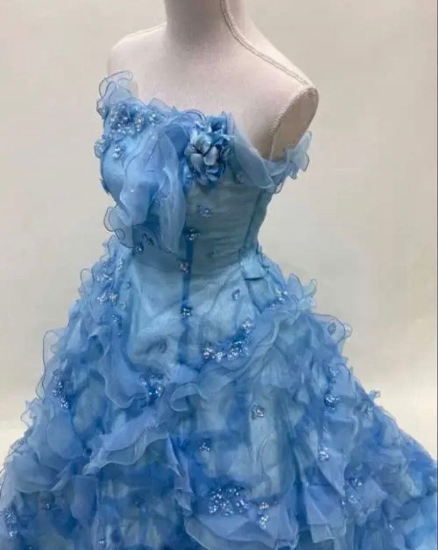 カラードレス水色ブルー　レースアップ9号　Aライン　used