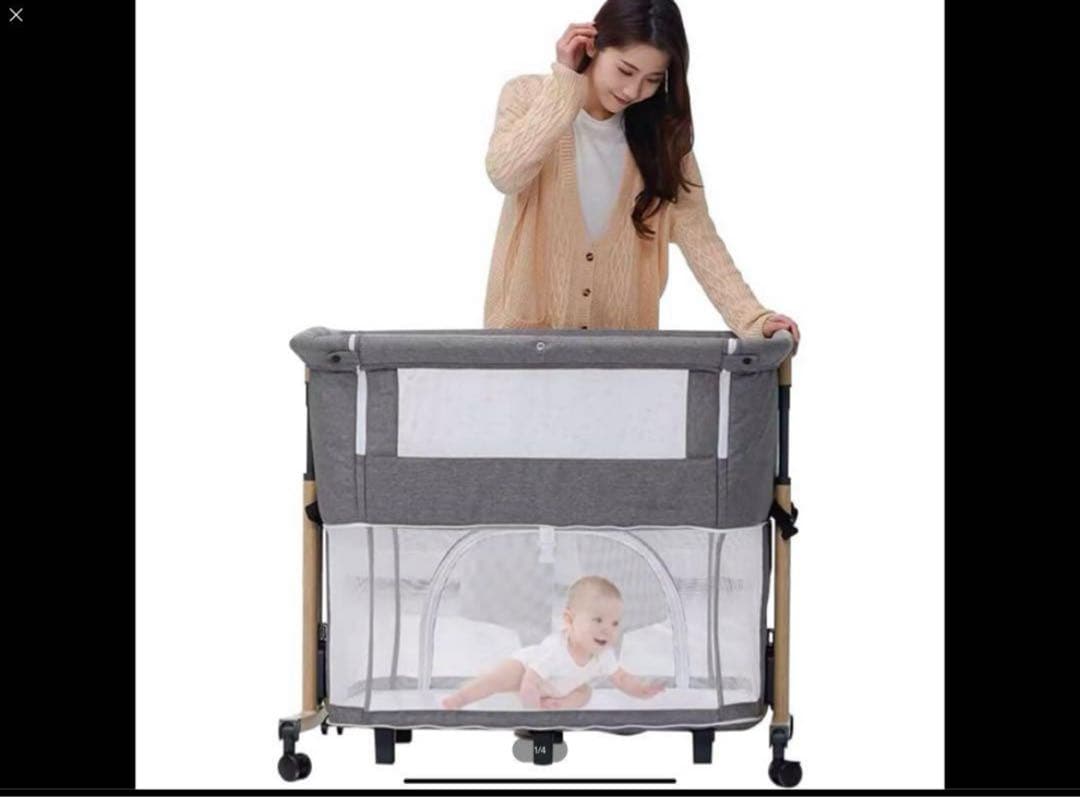 ベビーベッド 添い寝 折りたたみハイローベッド 高さ調節可能08C-G グレー系