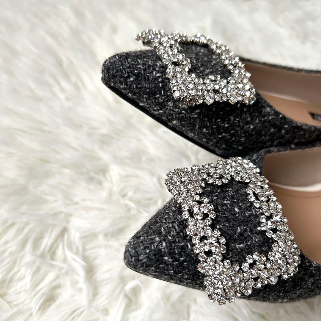 美品　OHGA ビジューパンプス　ツイード調　グレー　23cm ポインテッド