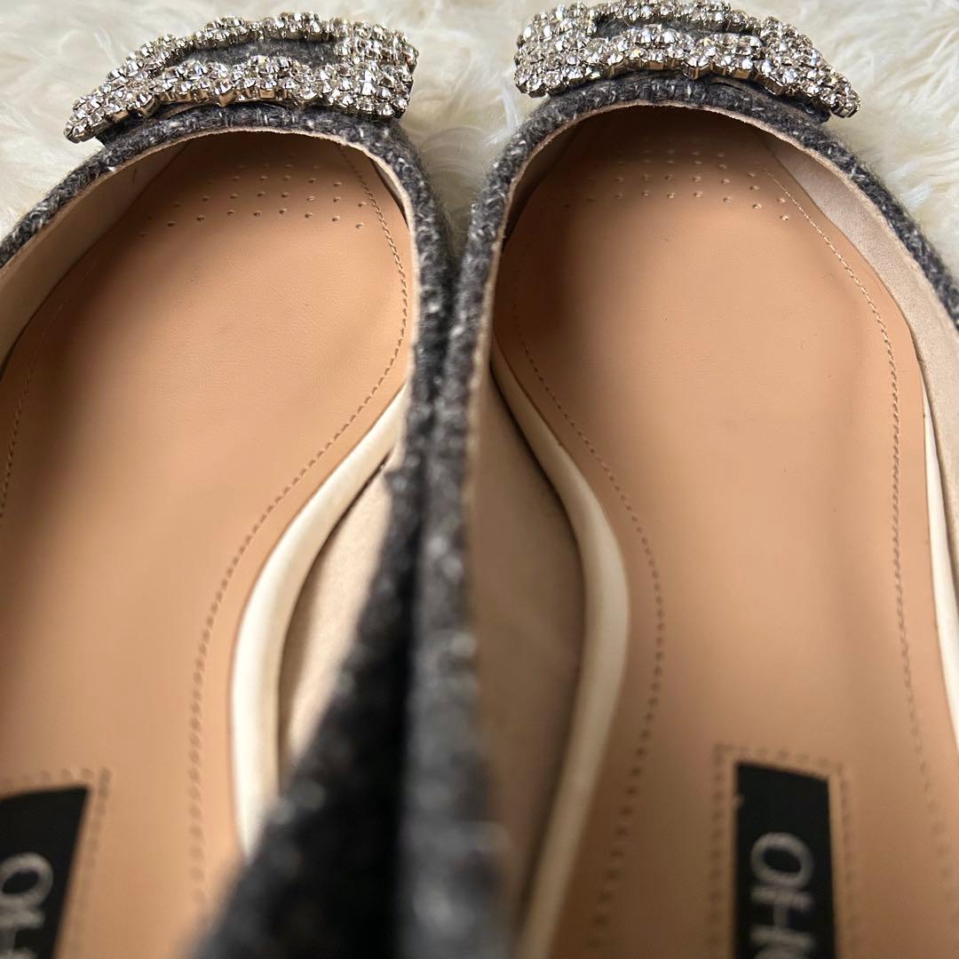 美品　OHGA ビジューパンプス　ツイード調　グレー　23cm ポインテッド