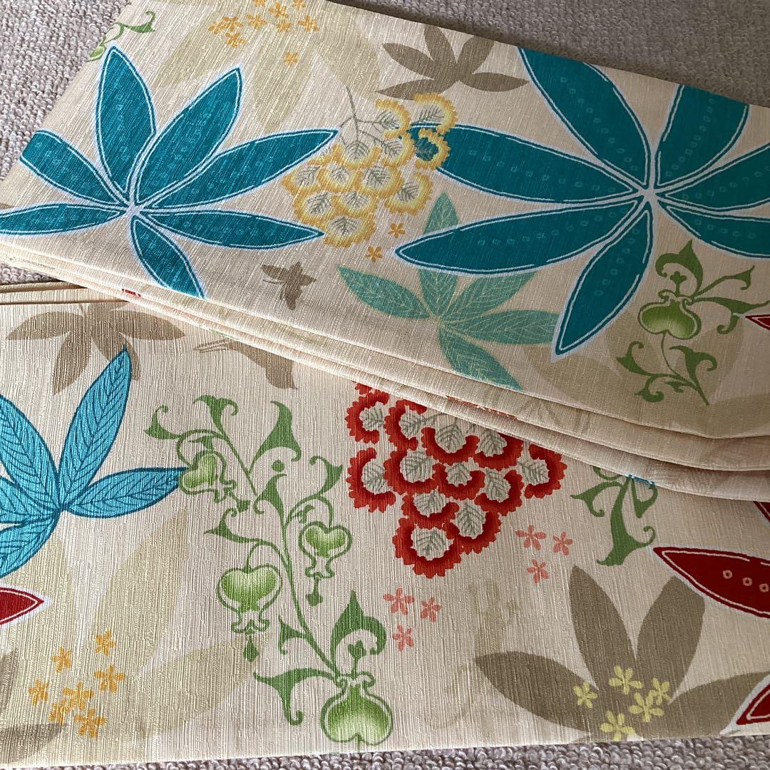 【工藤ちゃん】WAKKA 未使用半幅帯　南国の花々と鳥や蝶　正絹タグ付き