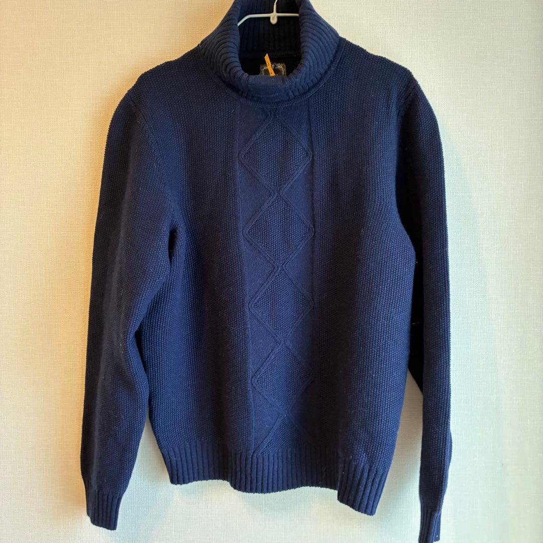 伊製 GRAY ポップコーン アラン タートルネック セーター 48 ネイビー
