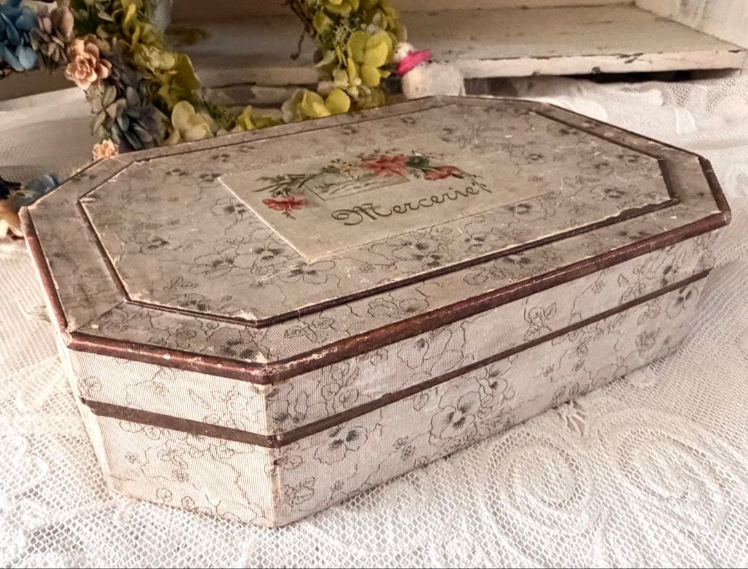 フランスアンティーク ソーイングセット 紙箱 レース 糸巻き レース ボタン