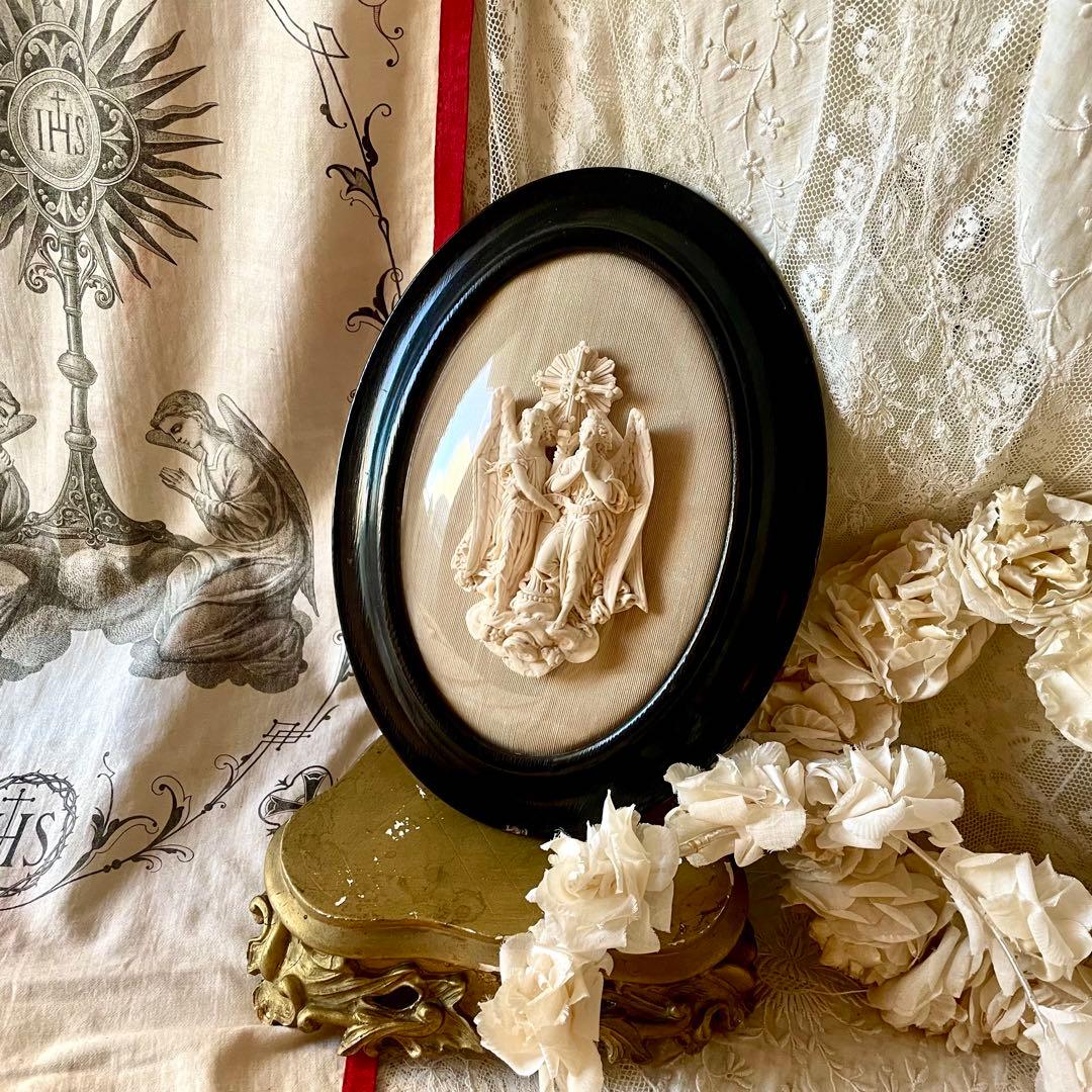 2人の天使のメダイヨン エンジェル フランスアンティーク エクリュ　フレーム