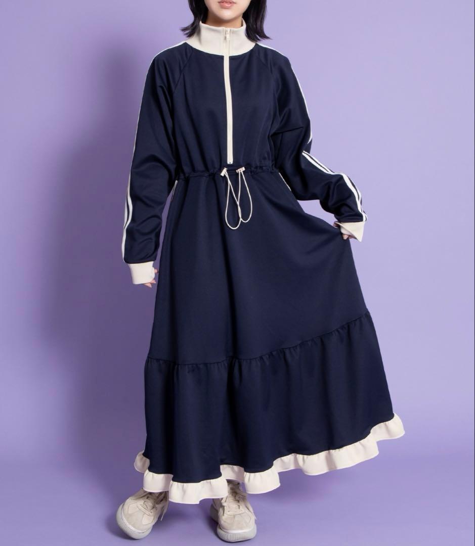 PUNYUS フリルジャージワンピース ネイビー サイズ3