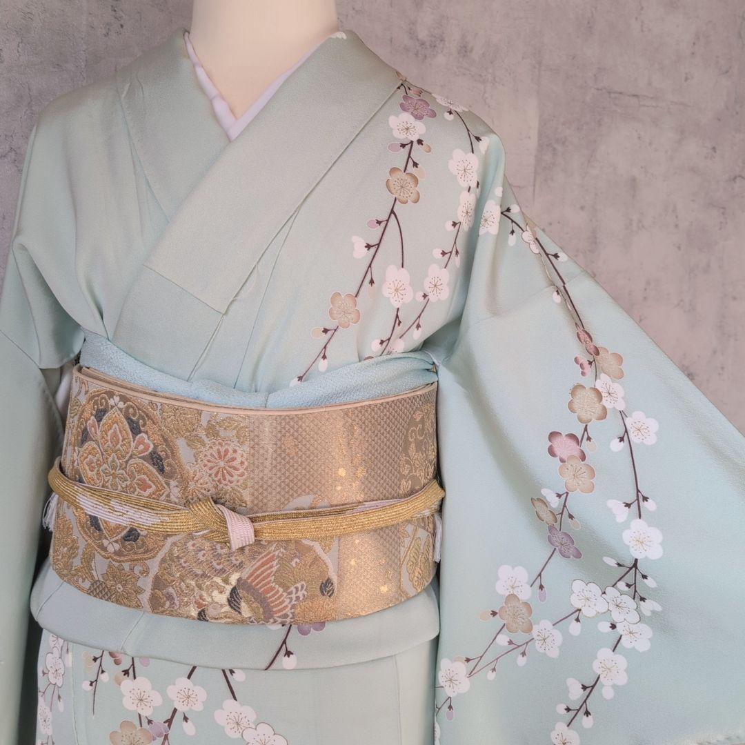 訪問着　フルセット　着物　正絹　ミントグリーン桜梅紅葉　金　落款　祝い事　C1