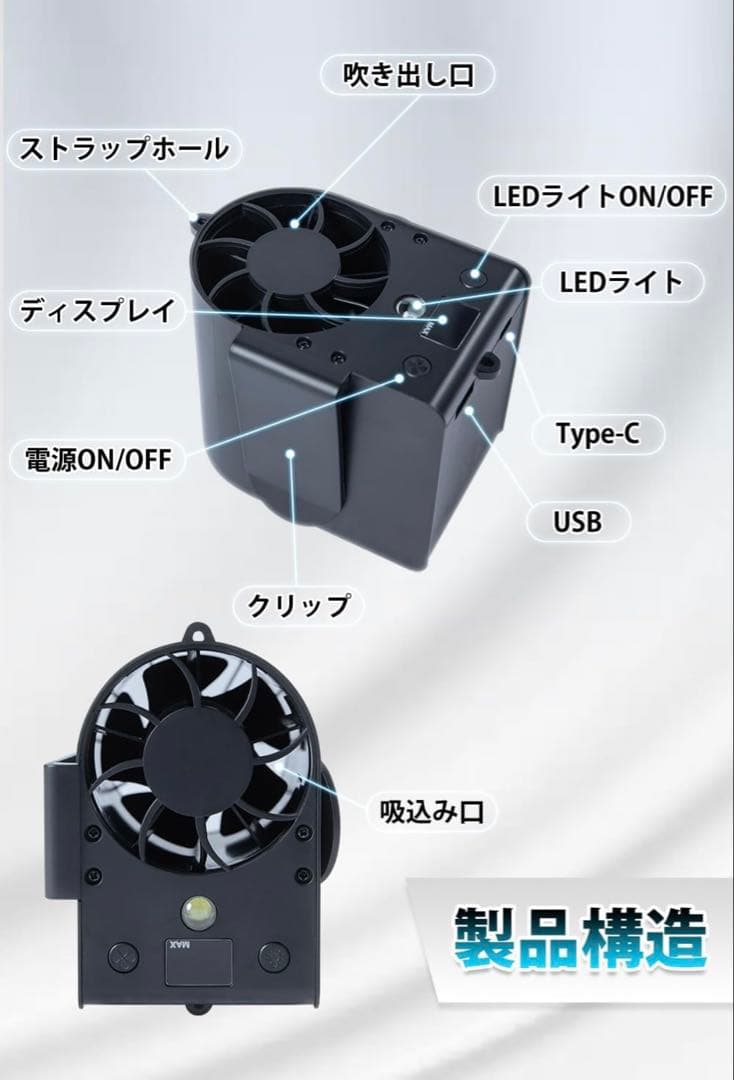携帯扇風機 7段階風力調節 首掛け 腰掛け 卓上 USB充電 PSE認証済