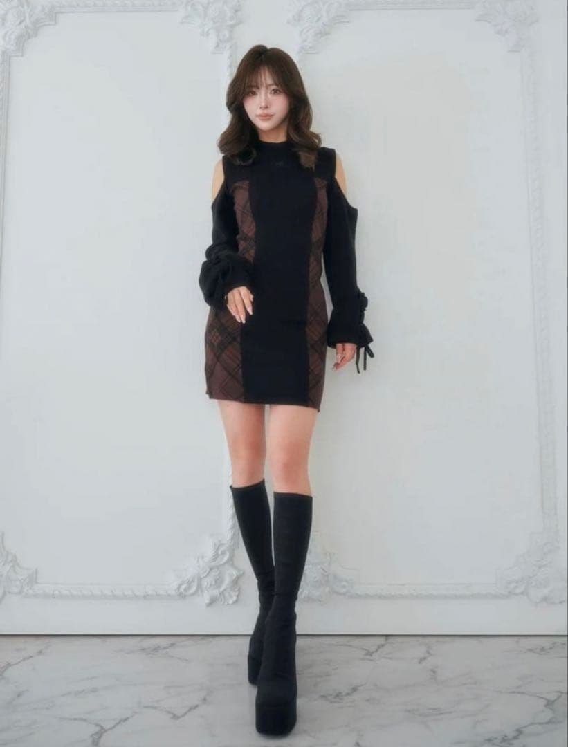 Darich ダーリッチ サイドチェックニットミニワンピース