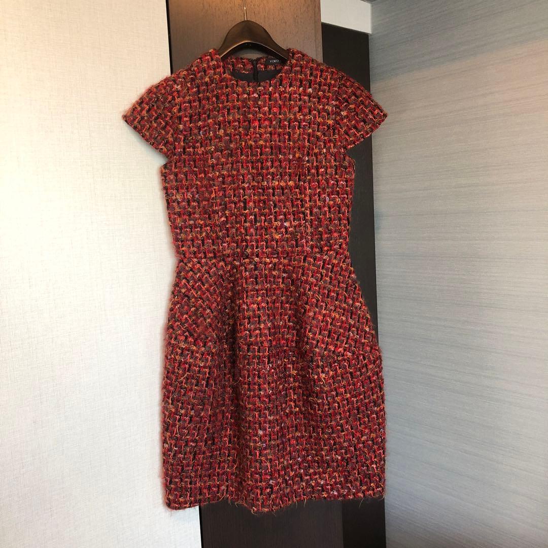 lemonsan 　YOKO CHAN♡36♡赤系ツイードひざ丈ワンピース